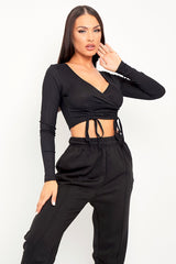 Black Ribbed Plunge Neckline Crop Top - Kaile-Crop Tops