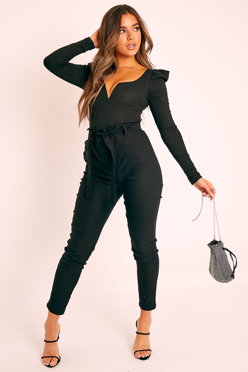 Black Ribbed Plunge Puff Sleeve Bodysuit - Saffy-Bodysuits