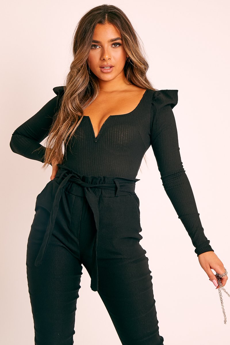 Black Ribbed Plunge Puff Sleeve Bodysuit - Saffy-Bodysuits