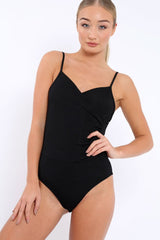 Black Ribbed Plunge Wrap Bodysuit - Abriana-Bodysuits