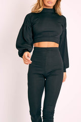 Black Ribbed Puff Sleeve Top Loungewear Co-ord - Effy-Loungewear