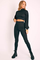 Black Ribbed Puff Sleeve Top Loungewear Co-ord - Effy-Loungewear