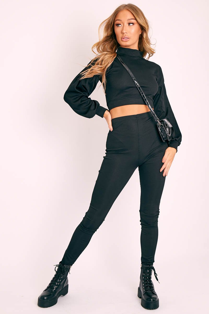 Black Ribbed Puff Sleeve Top Loungewear Co-ord - Effy-Loungewear