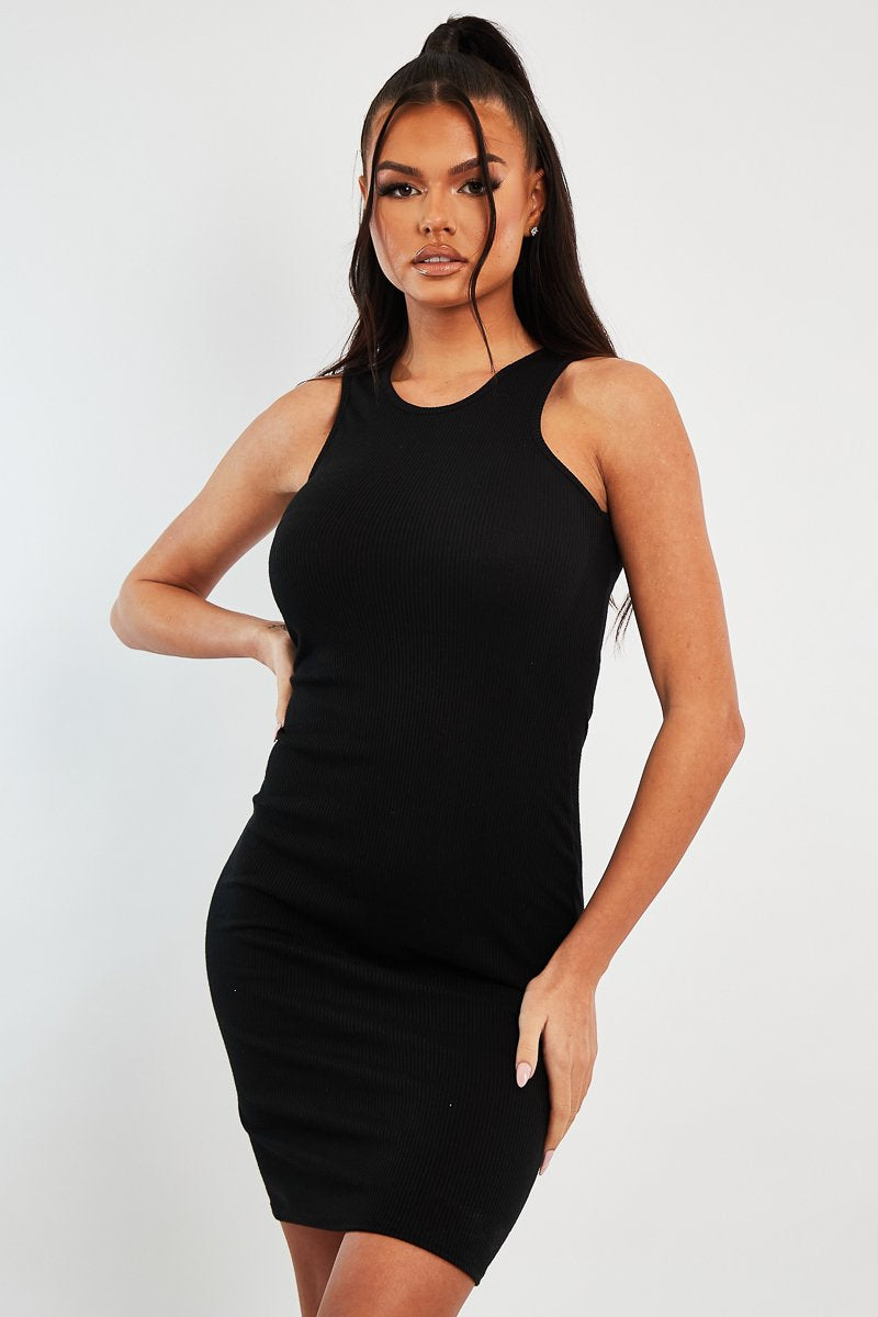 Black Ribbed Racer Midi Dress - Azra-Dresses