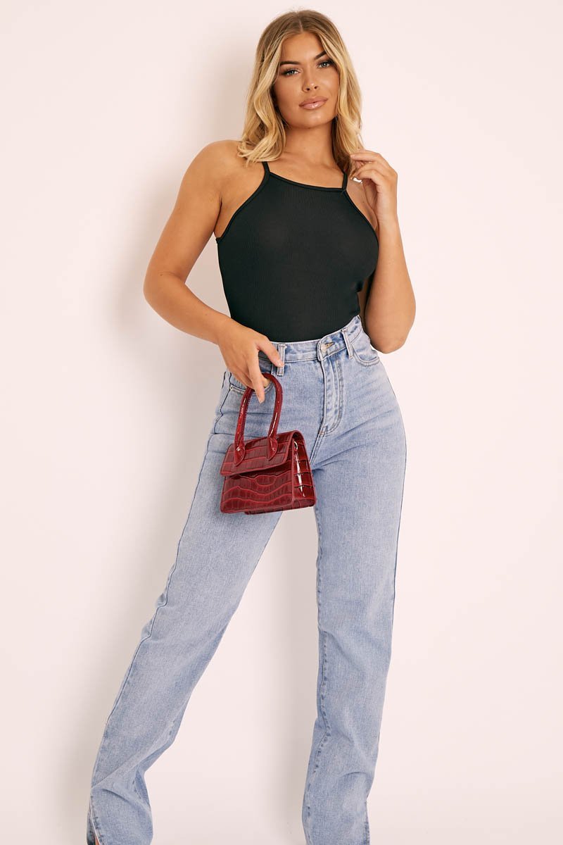 Black Ribbed Racer Neck Top - Daley-Tops
