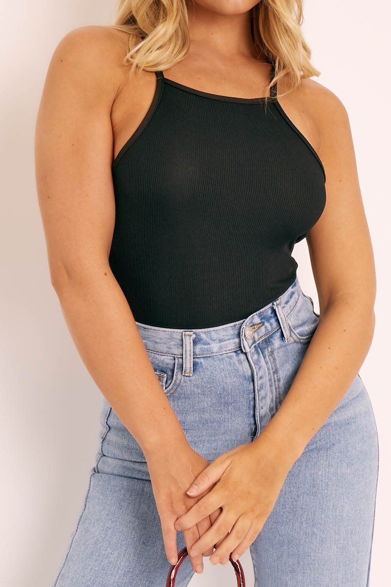 Black Ribbed Racer Neck Top - Daley-Tops
