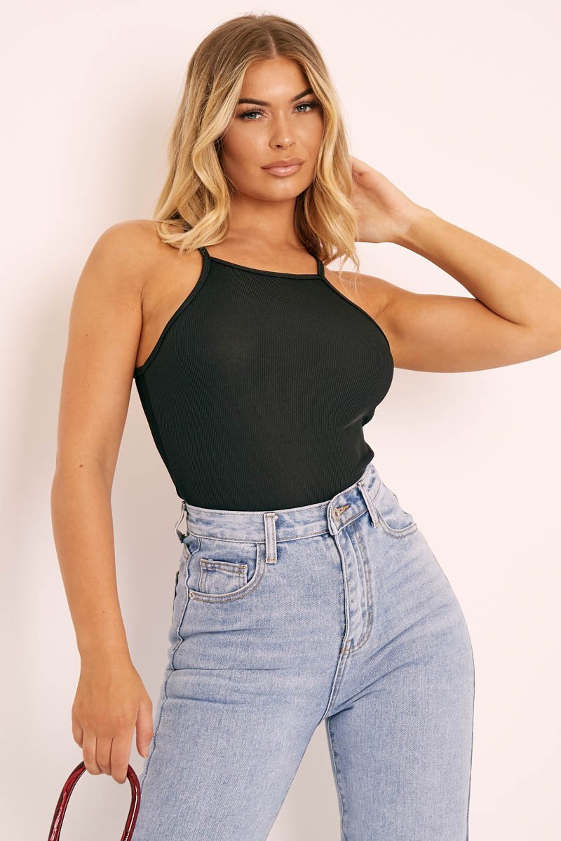 Black Ribbed Racer Neck Top - Daley-Tops