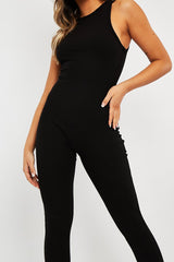Black Ribbed Racer Neckline Jumpsuit - Kila-Jumpsuits
