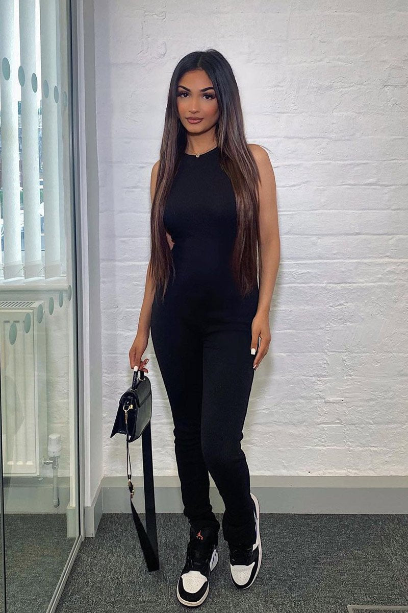 Black Ribbed Racer Neckline Jumpsuit - Kila-Jumpsuits