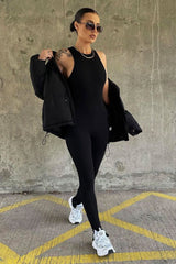 Black Ribbed Racer Neckline Jumpsuit - Kila-Jumpsuits