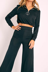 Black Ribbed Ring Pull Zip Loungewear Co-ord - Candace-Loungewear