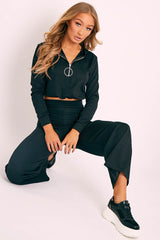 Black Ribbed Ring Pull Zip Loungewear Co-ord - Candace-Loungewear