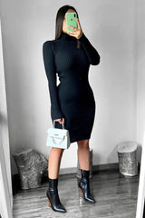 Black Ribbed Roll Neck Midi Dress - Ema-Dresses