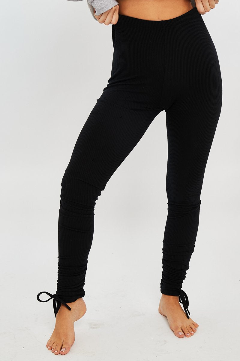 Black Ribbed Ruched Ankle Leggings - Hollyann-Leggings