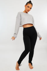 Black Ribbed Ruched Ankle Leggings - Hollyann-Leggings