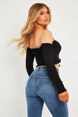 Black Ribbed Ruched Centre Crop Top - Tessla-Crop Tops