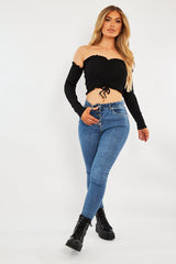 Black Ribbed Ruched Centre Crop Top - Tessla-Crop Tops
