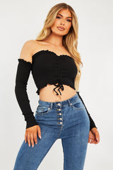 Black Ribbed Ruched Centre Crop Top - Tessla-Crop Tops