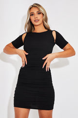Black Ribbed Ruched Cut Out Mini Dress - Anaise-Dresses