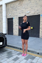 Black Ribbed Ruched Cut Out Mini Dress - Anaise-Dresses