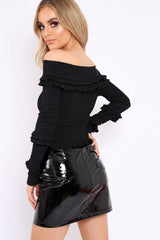 Black Ribbed Ruffle Bardot Top - Daria-Tops