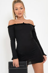 Black Ribbed Ruffle Long Sleeve Bardot Dress - Madison-Dresses