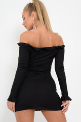 Black Ribbed Ruffle Long Sleeve Bardot Dress - Madison-Dresses