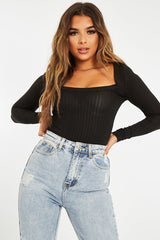 Black Ribbed Scoop Neck Bodysuit - Harlen-Bodysuits