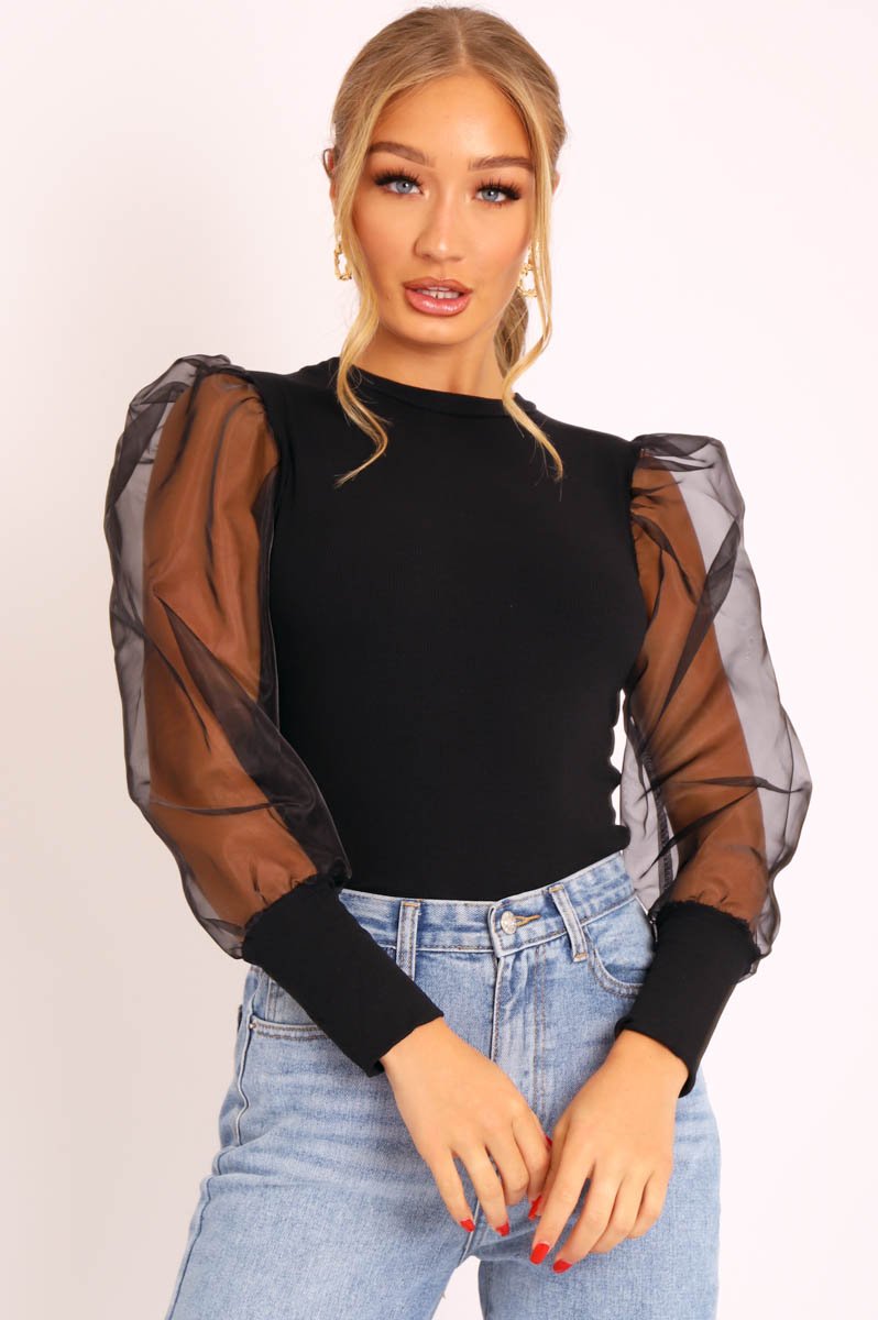 Black Ribbed Sheer Puff Sleeve Top - Orly-Tops