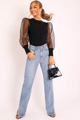 Black Ribbed Sheer Puff Sleeve Top - Orly-Tops