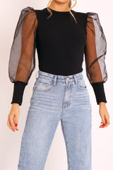 Black Ribbed Sheer Puff Sleeve Top - Orly-Tops
