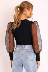 Black Ribbed Sheer Puff Sleeve Top - Orly-Tops