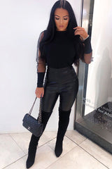 Black Ribbed Sheer Puff Sleeve Top - Orly-Tops