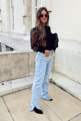 Black Ribbed Sheer Puff Sleeve Top - Orly-Tops