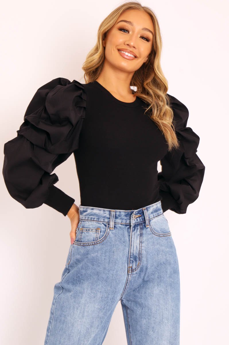 Black Ribbed Shirt Puff Sleeve Top - Kayler-Tops