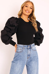 Black Ribbed Shirt Puff Sleeve Top - Kayler-Tops