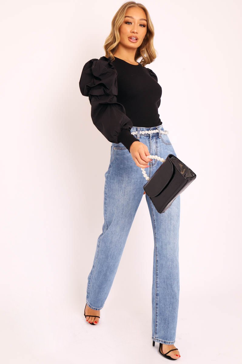 Black Ribbed Shirt Puff Sleeve Top - Kayler-Tops