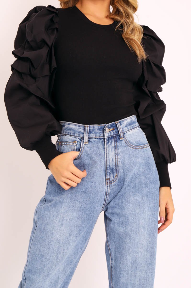 Black Ribbed Shirt Puff Sleeve Top - Kayler-Tops