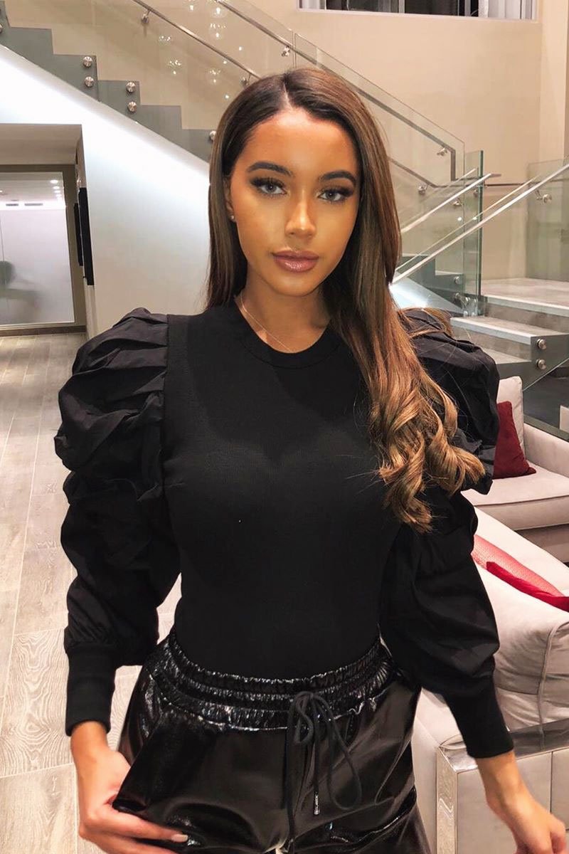 Black Ribbed Shirt Puff Sleeve Top - Kayler-Tops