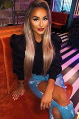 Black Ribbed Shirt Puff Sleeve Top - Kayler-Tops