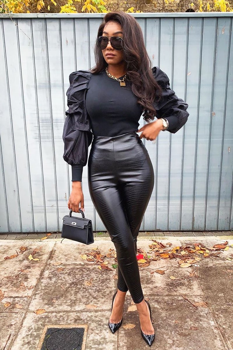 Black Ribbed Shirt Puff Sleeve Top - Kayler-Tops