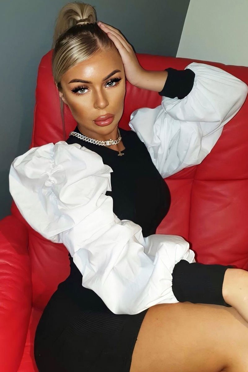 Black Ribbed Shirt Ruched Sleeves Dress - Nieve-Dresses