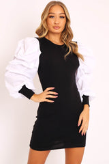 Black Ribbed Shirt Ruched Sleeves Dress - Nieve-Dresses
