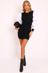 Black Ribbed Shirt Ruched Sleeves Dress - Nieve-Dresses