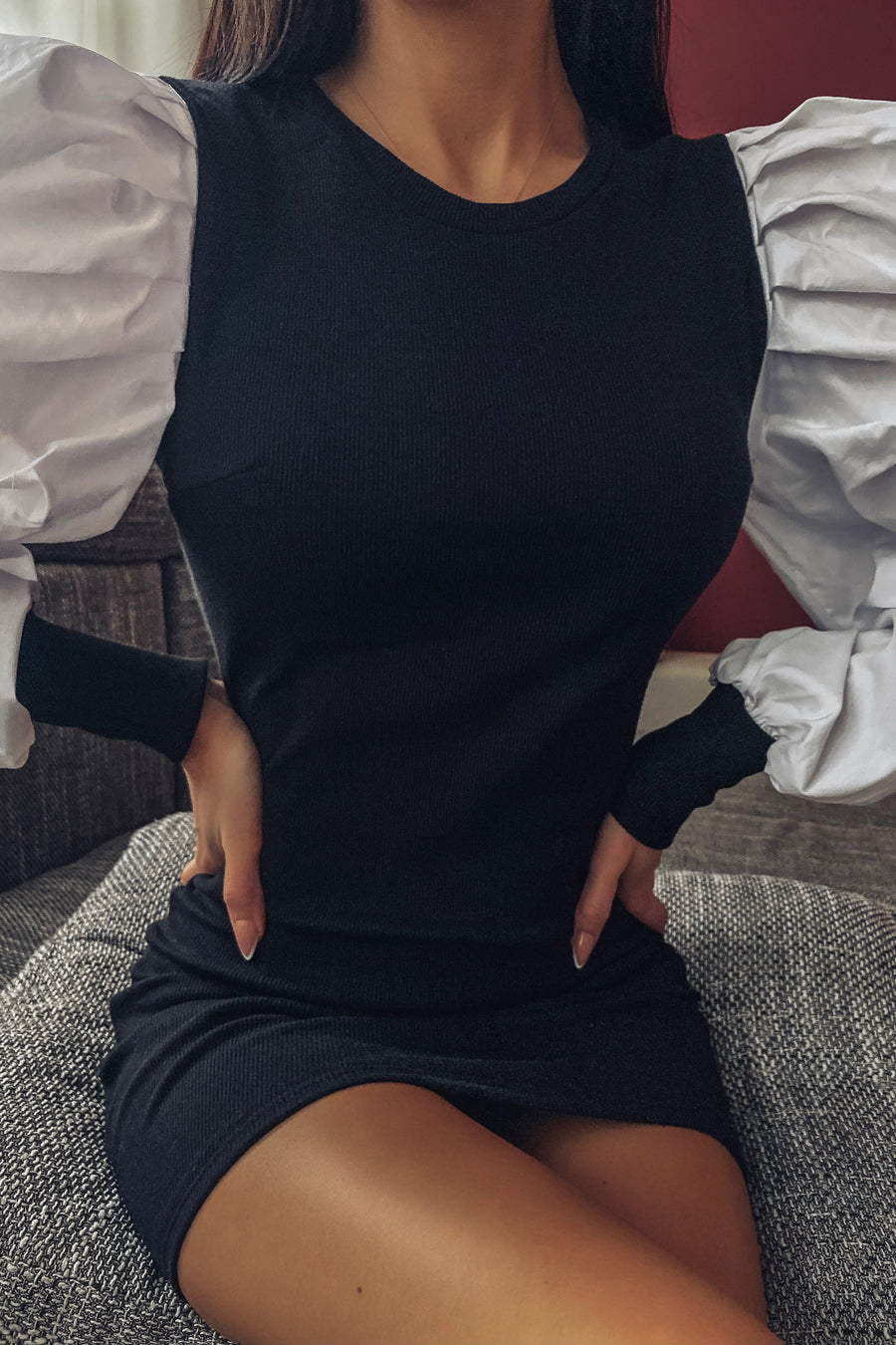 Black Ribbed Shirt Ruched Sleeves Dress - Nieve-Dresses