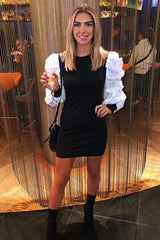 Black Ribbed Shirt Ruched Sleeves Dress - Nieve-Dresses