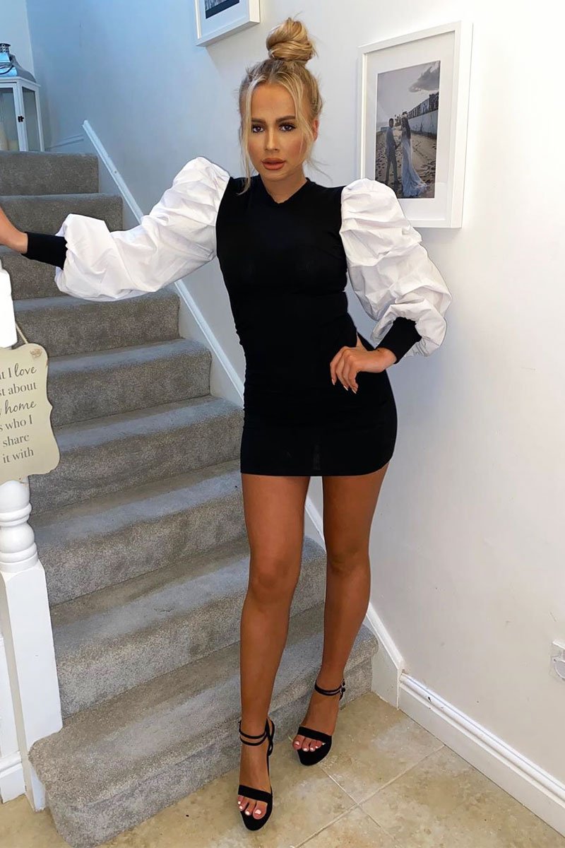 Black Ribbed Shirt Ruched Sleeves Dress - Nieve-Dresses