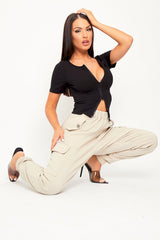 Black Ribbed Short Sleeve Double Zip Top - Lara-Tops