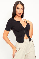 Black Ribbed Short Sleeve Double Zip Top - Lara-Tops