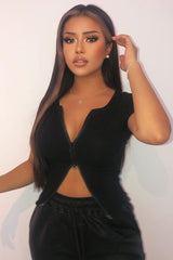 Black Ribbed Short Sleeve Double Zip Top - Lara-Tops